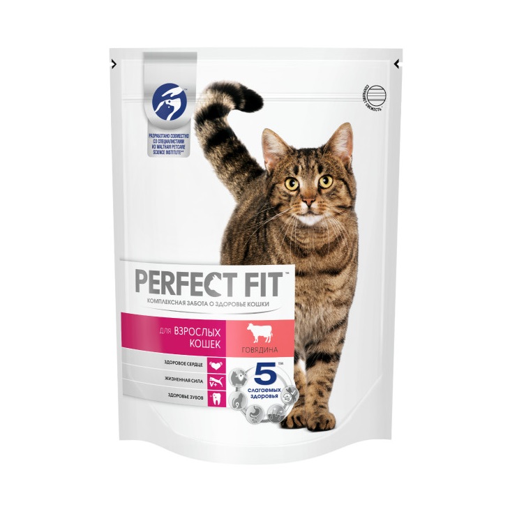 Cухой полнорационный корм PERFECT FIT для взрослых кошек, с говядиной, 650 г