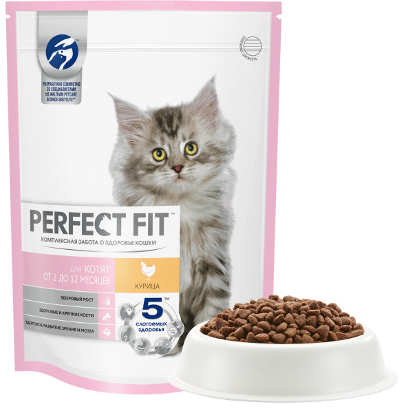 Cухой полнорационный корм PERFECT FIT для котят от 2 до 12 месяцев, с курицей, 650 г