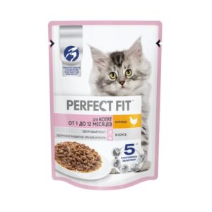 Влажный полнорационный корм PERFECT FIT для котят от 1 до 12 месяцев, с курицей в соусе, 75 г