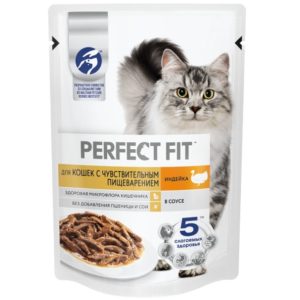 Влажный полнорационный корм PERFECT FIT для взрослых кошек с чувствительным пищеварением, с индейкой в соусе, 75 г