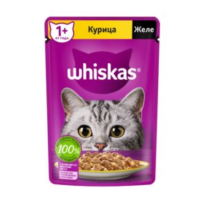Влажный полнорационный корм WHISKAS для взрослых кошек, желе с курицей, 75 г