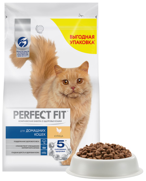 Cухой полнорационный корм PERFECT FIT для живущих в помещении взрослых кошек, с курицей, 2.5 кг