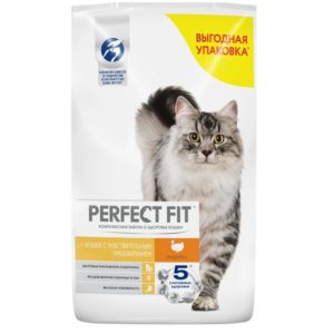 Сухой полнорационный корм PERFECT FIT для взрослых кошек с чувствительным пищеварением, с индейкой, 10 кг