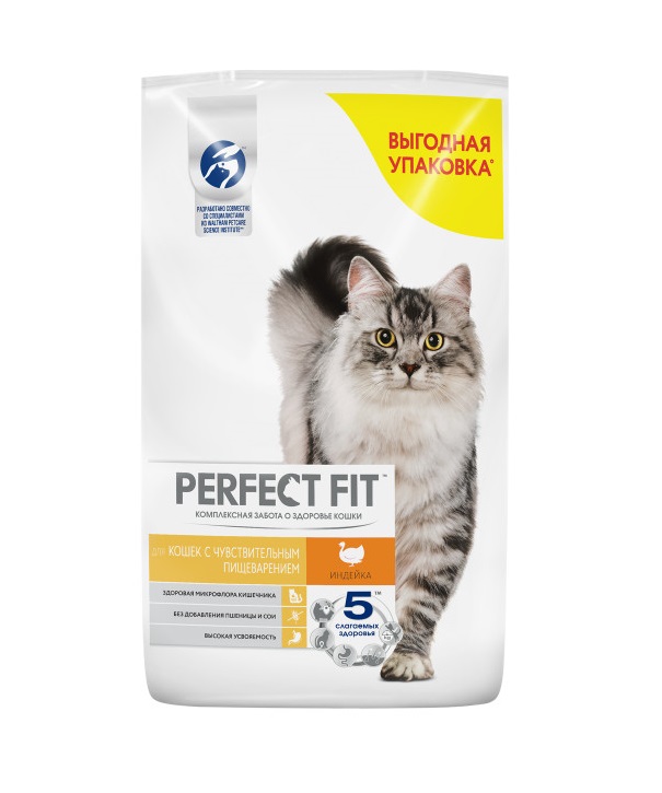 Сухой полнорационный корм PERFECT FIT для взрослых кошек с чувствительным пищеварением, с индейкой, 10 кг