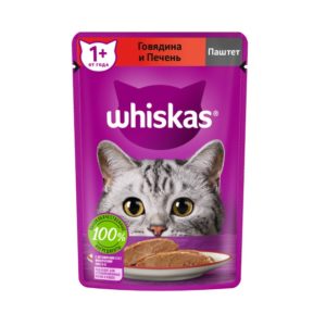 Влажный полнорационный корм WHISKAS для взрослых кошек, паштет с говядиной и печенью, 75 г