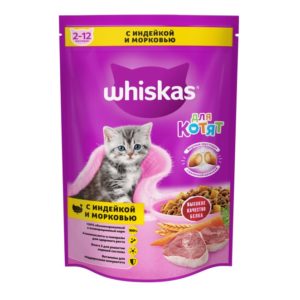 Сухой полнорационный корм WHISKAS для котят от 1 до 12 месяцев «Вкусные подушечки с молочной начинкой. Аппетитное ассорти с индейкой и морковью», 350 г
