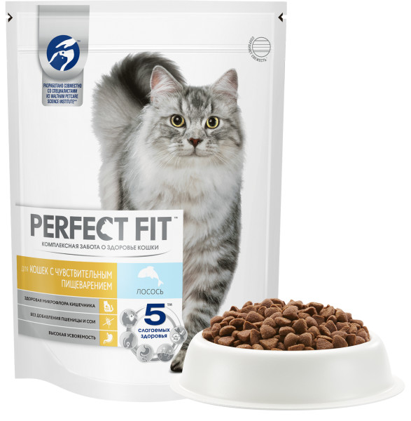 Сухой полнорационный корм PERFECT FIT для взрослых кошек с чувствительным пищеварением, с лососем, 650 г