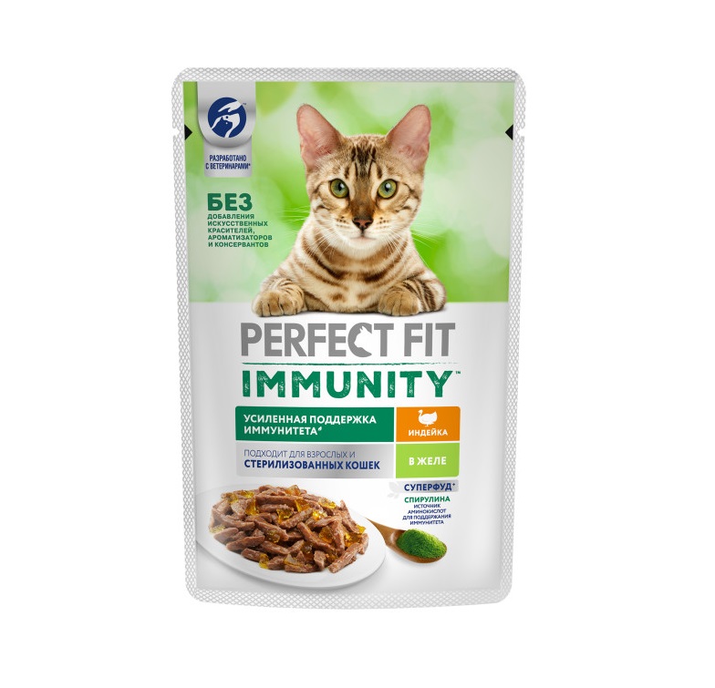 Влажный корм Perfect Fit Immunity для иммунитета кошек, с индейкой в желе и спирулиной 75 г
