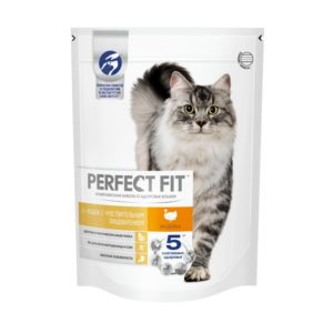 Сухой полнорационный корм PERFECT FIT для взрослых кошек с чувствительным пищеварением, с индейкой, 650 г