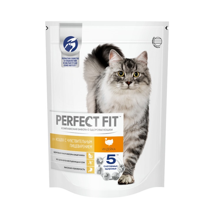 Сухой полнорационный корм PERFECT FIT для взрослых кошек с чувствительным пищеварением, с индейкой, 650 г