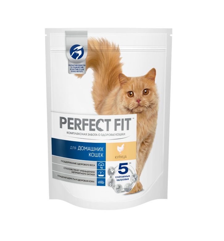 Cухой полнорационный корм PERFECT FIT для живущих в помещении взрослых кошек, с курицей, 190 г
