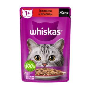Влажный полнорационный корм WHISKAS для взрослых кошек, желе с говядиной и ягненком, 75 г