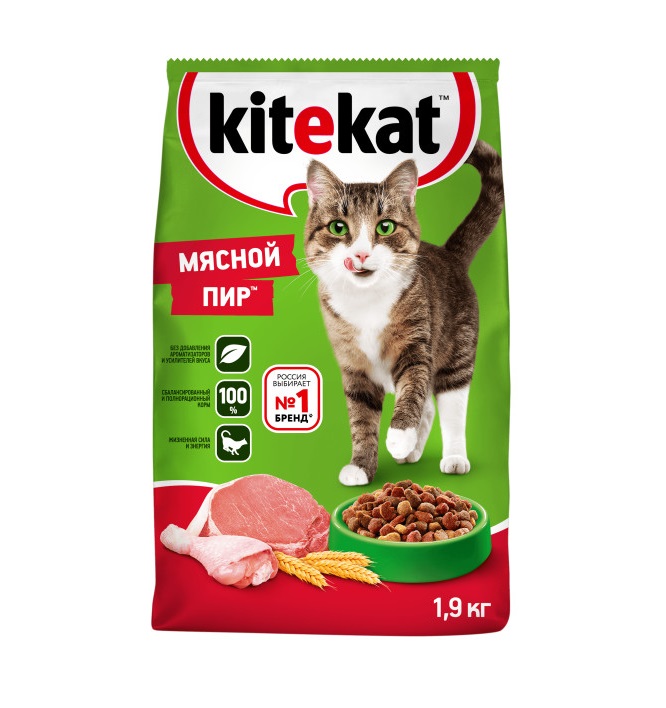 Сухой полнорационный корм KITEKAT для взрослых кошек «Мясной Пир»,1.9 кг