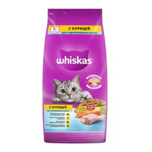Сухой полнорационный корм WHISKAS для стерилизованных кошек и котов с курицей и вкусными подушечками, 5 кг