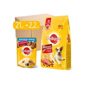 Набор кормов для собак PEDIGREE сухой для маленьких пород 2,2кг и влажный рацион 21шт х 85г