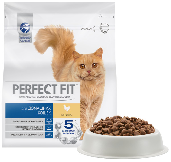 Cухой полнорационный корм PERFECT FIT для живущих в помещении взрослых кошек, с курицей, 1.2 кг