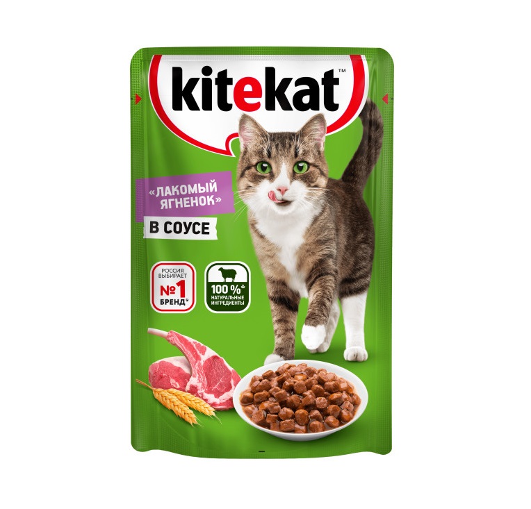 Влажный полнорационный корм KITEKAT для взрослых кошек со вкусом ягнёнка в соусе «Лакомый ягнёнок», 85 г