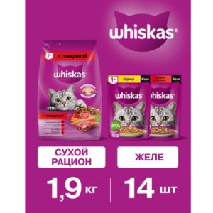 Набор кормов для кошек, WHISKAS, сухой рацион 1,9кг и влажные консервированные рационы, два вкуса, желе, 14шт х 75г