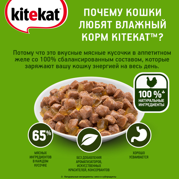 Влажный полнорационный корм KITEKAT для взрослых кошек со вкусом курицы в желе «Аппетитная курочка», 85 г