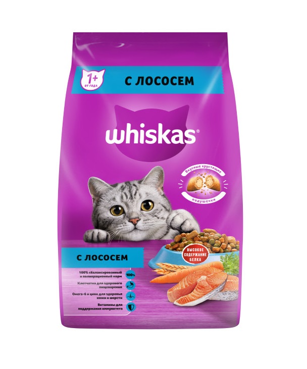 Сухой полнорационный корм WHISKAS для взрослых кошек «Вкусные подушечки с нежным паштетом. Аппетитный обед с лососем», 1.9 кг