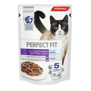 Влажный полнорационный корм PERFECT FIT для поддержания здоровья почек, с лососем в соусе, 75 г