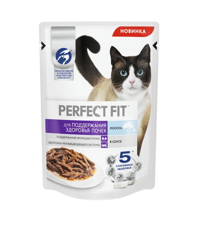 Влажный полнорационный корм PERFECT FIT для поддержания здоровья почек, с лососем в соусе, 75 г