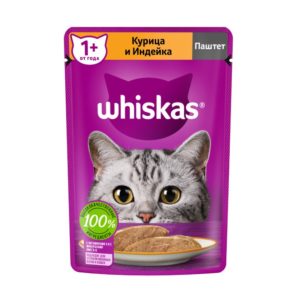 Влажный полнорационный корм WHISKAS для взрослых кошек, паштет с курицей и индейкой, 75 г