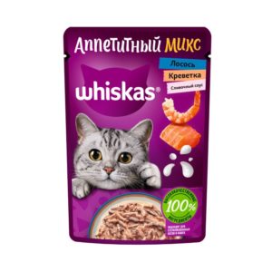 Влажный полнорационный корм WHISKAS «Аппетитный микс» для взрослых кошек, с лососем и креветками в сливочном соусе, 75 г