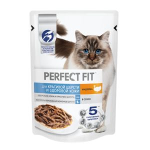 Влажный полнорационный корм PERFECT FIT для взрослых кошек, для красивой шерсти и здоровой кожи, с индейкой в соусе, 75 г