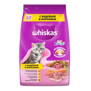 Сухой полнорационный корм WHISKAS для котят от 1 до 12 месяцев «Вкусные подушечки с молочной начинкой. Аппетитное ассорти с индейкой и морковью», 1.9 кг