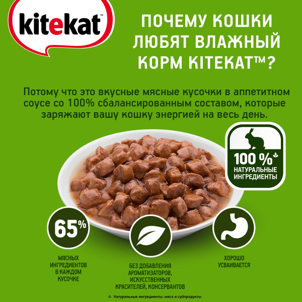 Влажный полнорационный корм KITEKAT для взрослых кошек со вкусом кролика в соусе «Нежный кролик», 85 г