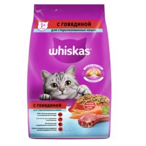 Сухой полнорационный корм WHISKAS для стерилизованных кошек и котов с говядиной и вкусными подушечками, 1.9 кг