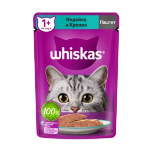 Влажный полнорационный корм WHISKAS для взрослых кошек, паштет с индейкой и кроликом, 75 г