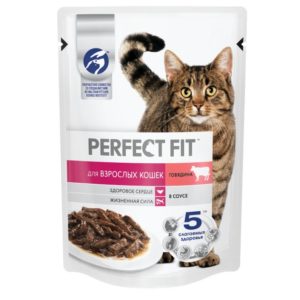 Влажный полнорационный корм PERFECT FIT для взрослых кошек, с говядиной в соусе, 75 г