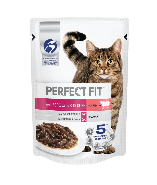 Влажный полнорационный корм PERFECT FIT для взрослых кошек, с говядиной в соусе, 75 г