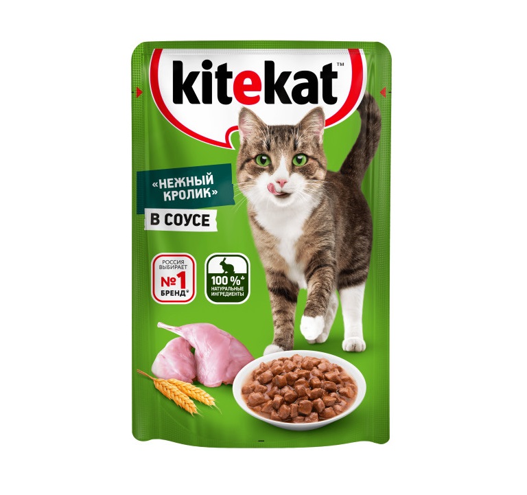 Влажный полнорационный корм KITEKAT для взрослых кошек со вкусом кролика в соусе «Нежный кролик», 85 г