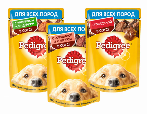 Набор влажных кормов PEDIGREE, для взрослых собак, три вкуса, 42шт х 85г