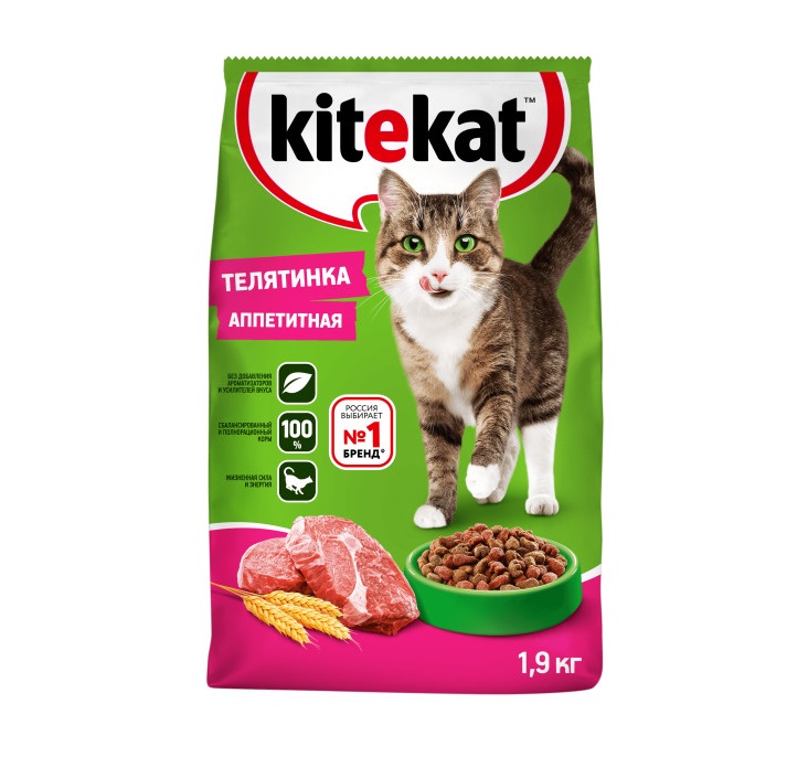 Сухой полнорационный корм KITEKAT для взрослых кошек «Телятинка Аппетитная», 1.9 кг