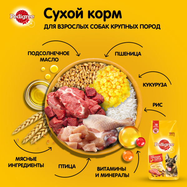 Сухой корм PEDIGREE для собак крупных пород, с говядиной, 13 кг
