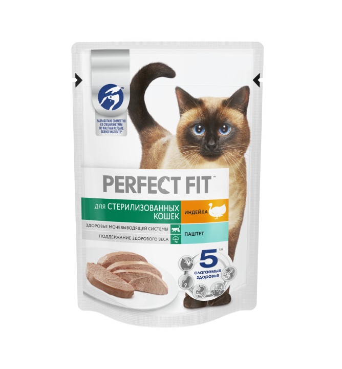 Влажный полнорационный корм PERFECT FIT для стерилизованных кошек, паштет с индейкой, 75 г