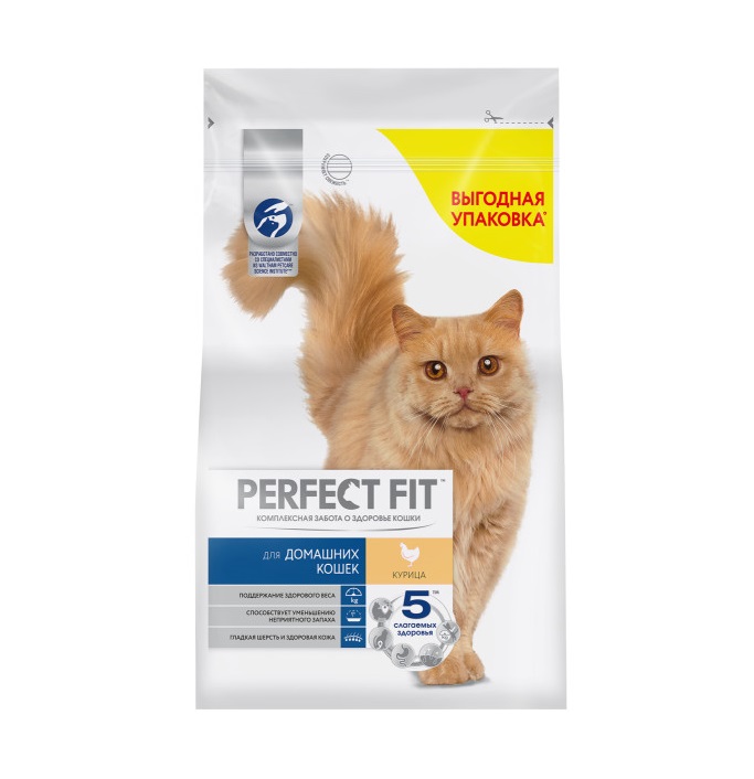 Cухой полнорационный корм PERFECT FIT для живущих в помещении взрослых кошек, с курицей, 2.5 кг