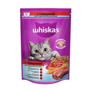 Сухой полнорационный корм WHISKAS для стерилизованных кошек и котов с говядиной и вкусными подушечками, 350 г