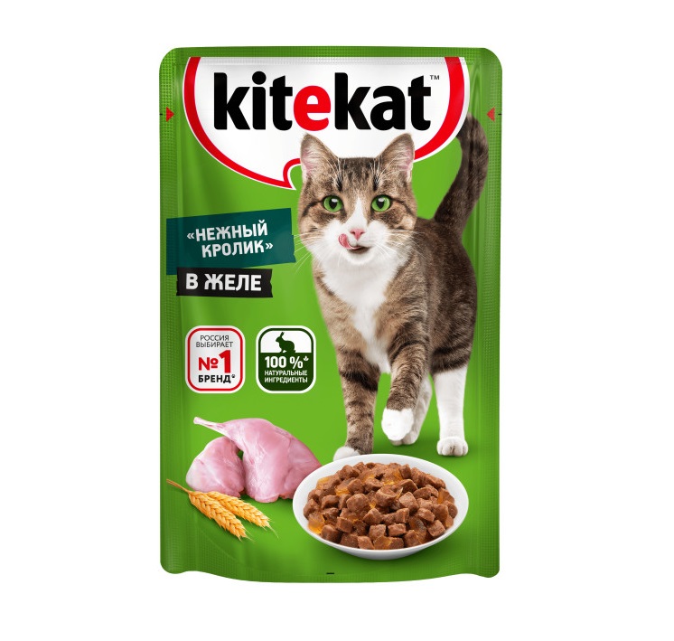 Влажный полнорационный корм KITEKAT для взрослых кошек со вкусом кролика в желе «Нежный кролик», 85 г