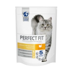 Сухой полнорационный корм PERFECT FIT для взрослых кошек с чувствительным пищеварением, с индейкой, 190 г