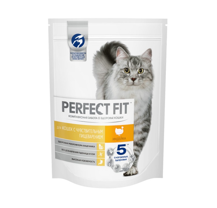 Сухой полнорационный корм PERFECT FIT для взрослых кошек с чувствительным пищеварением, с индейкой, 190 г