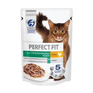 Влажный полнорационный корм PERFECT FIT для стерилизованных кошек, с курицей в соусе, 75 г
