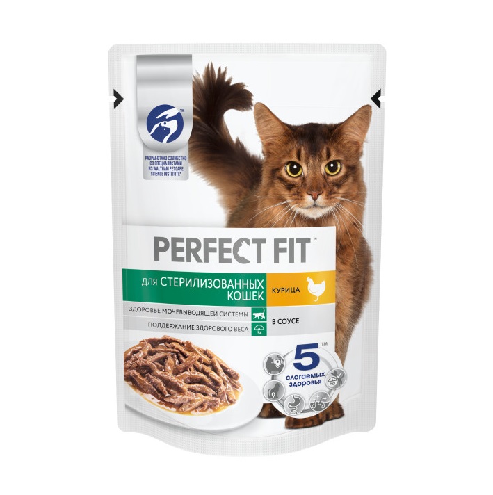 Влажный полнорационный корм PERFECT FIT для стерилизованных кошек, с курицей в соусе, 75 г