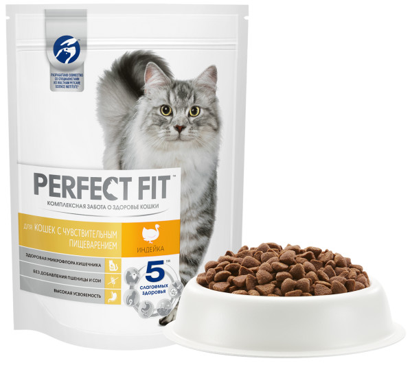 Сухой полнорационный корм PERFECT FIT для взрослых кошек с чувствительным пищеварением, с индейкой, 190 г