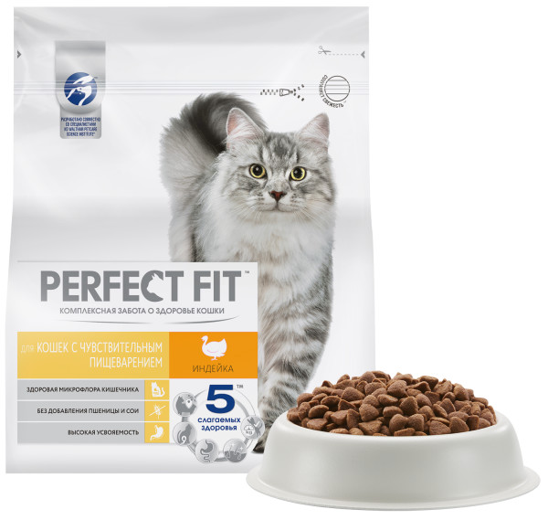 Сухой полнорационный корм PERFECT FIT для взрослых кошек с чувствительным пищеварением, с индейкой, 1.2 кг