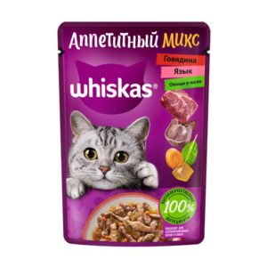 Влажный полнорационный корм WHISKAS «Аппетитный микс» для взрослых кошек, с говядиной, языком и овощами в желе, 75 г